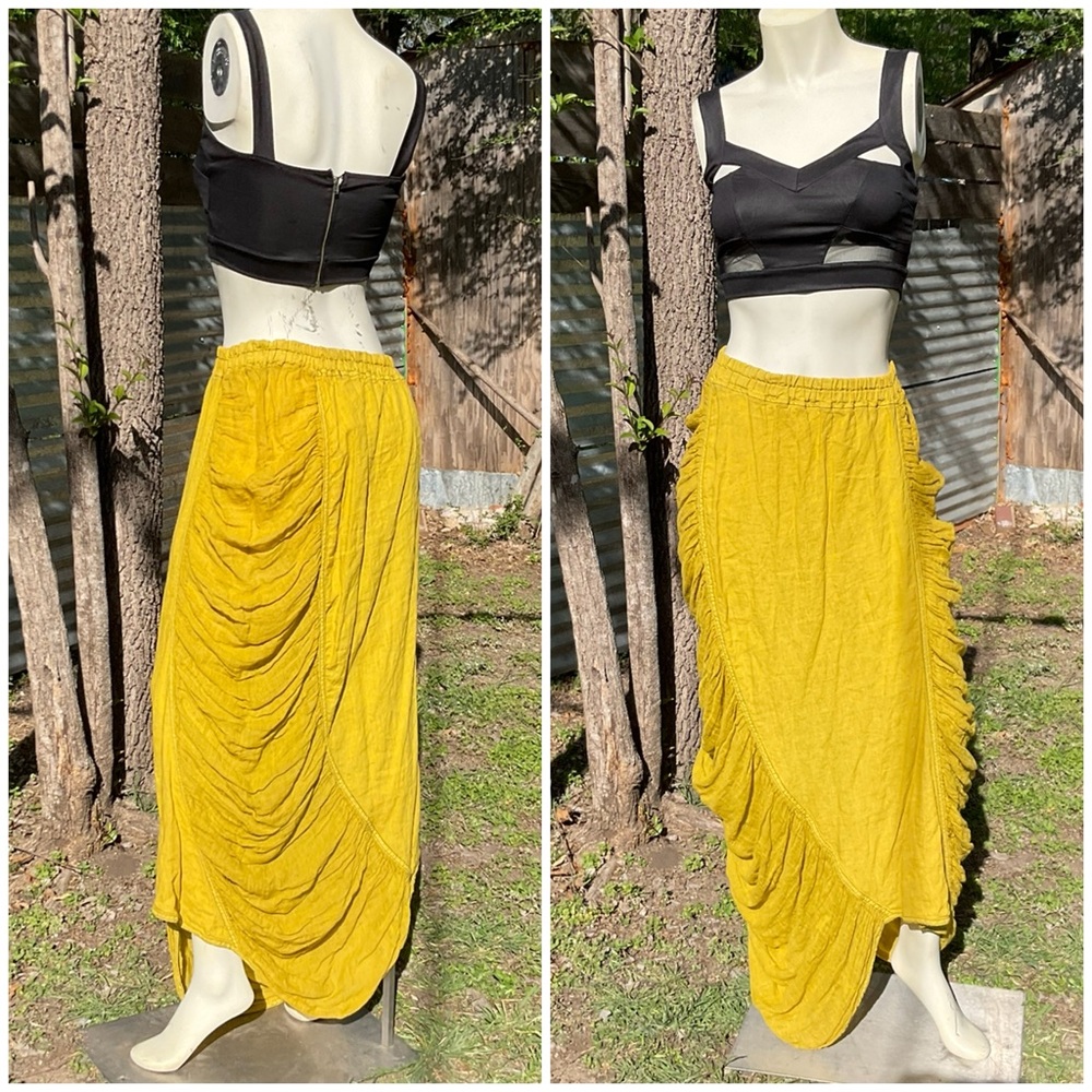 Rare Cynthia Ashby 100% Linen Chartreuse Ruched Cocoon Boho Skirt Large - Picture 3 of 4